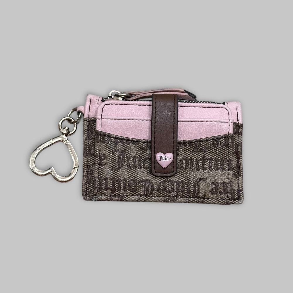 Juicy Couture Brown & Pink Logo Card Holder Wallet with Heart Keychain
